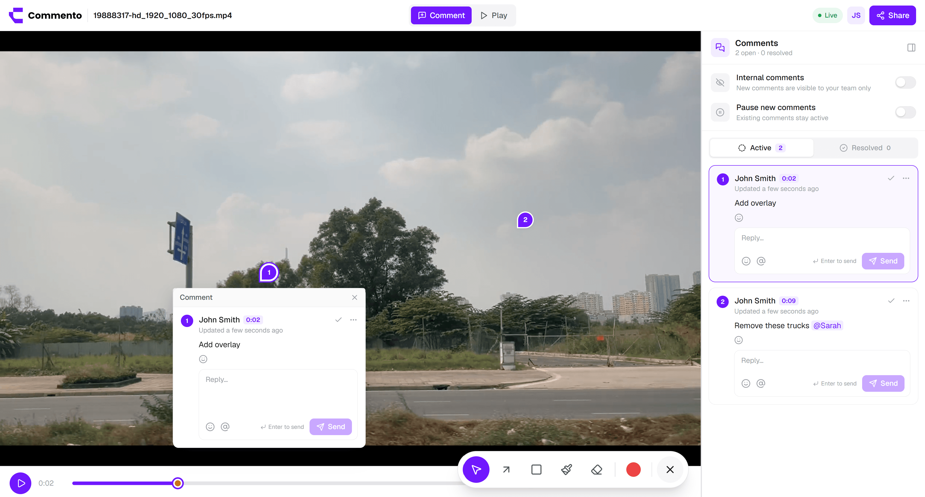 Review video frame by frame in Commento