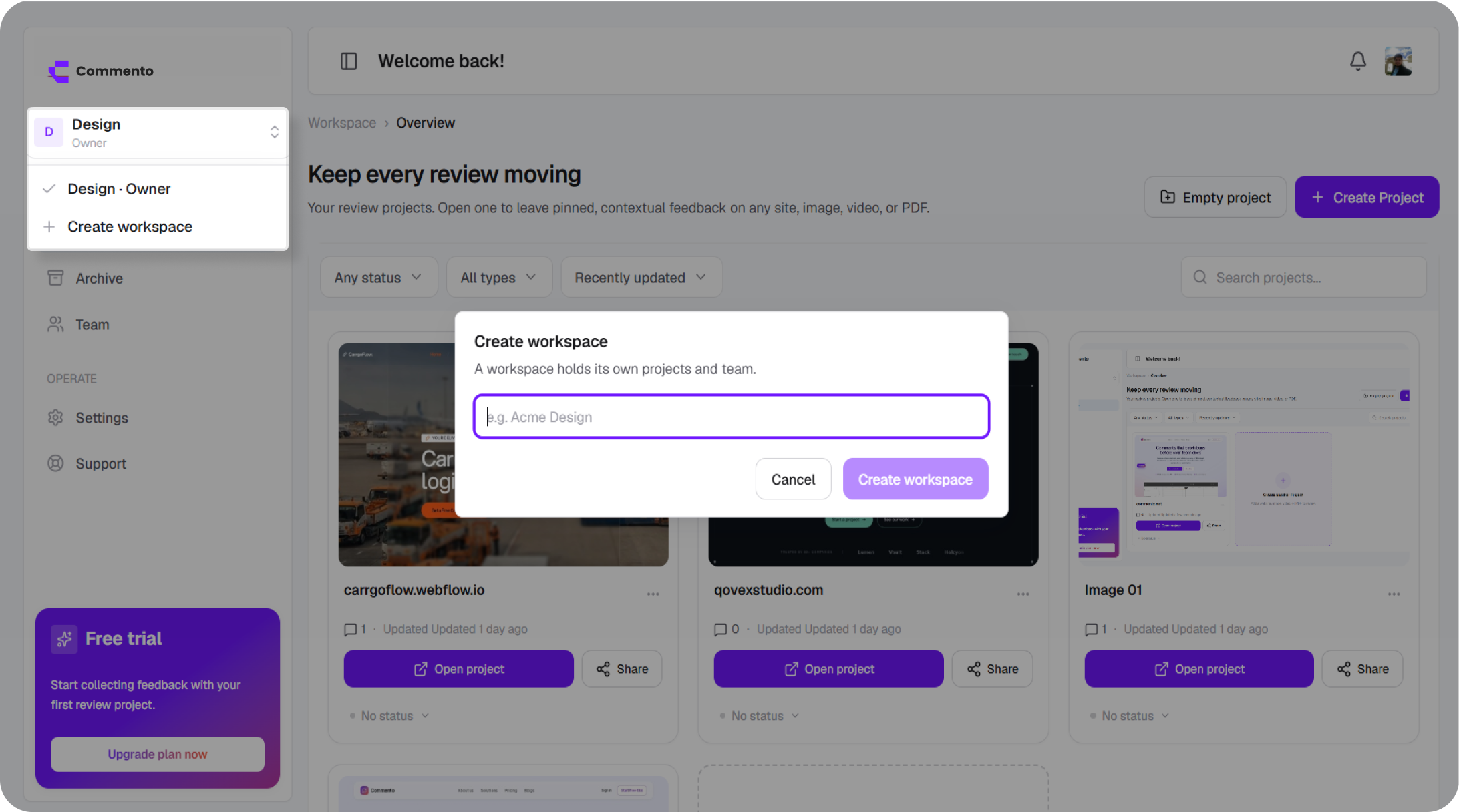 Create multiple workspaces in Commento